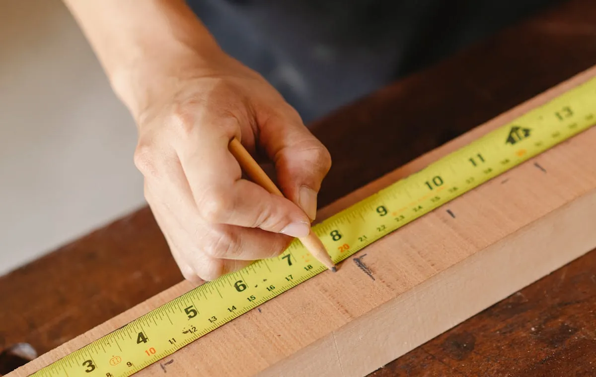 Persona midiendo madera con cinta métrica y lápiz