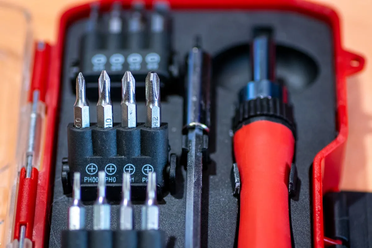 Set de puntas de destornillador en estuche rojo — puntas Phillips, Torx, planas y Pozidriv