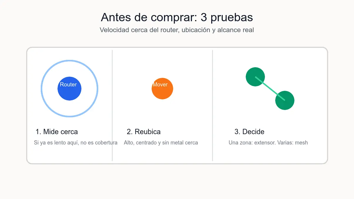 Diagrama de una casa comparando un extensor WiFi para un punto muerto y un sistema mesh con nodos para varias habitaciones