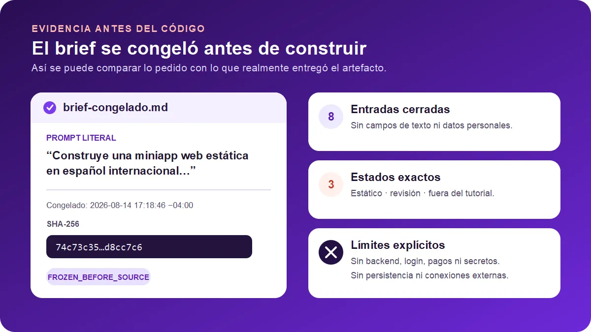 Resumen del brief congelado con ocho entradas, tres estados, límites y hash SHA-256