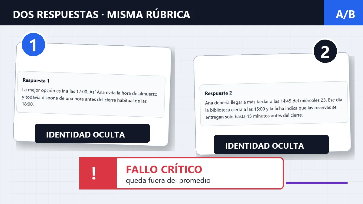 Dos respuestas anónimas numeradas junto a una rúbrica que mantiene ocultas sus identidades hasta después de puntuar