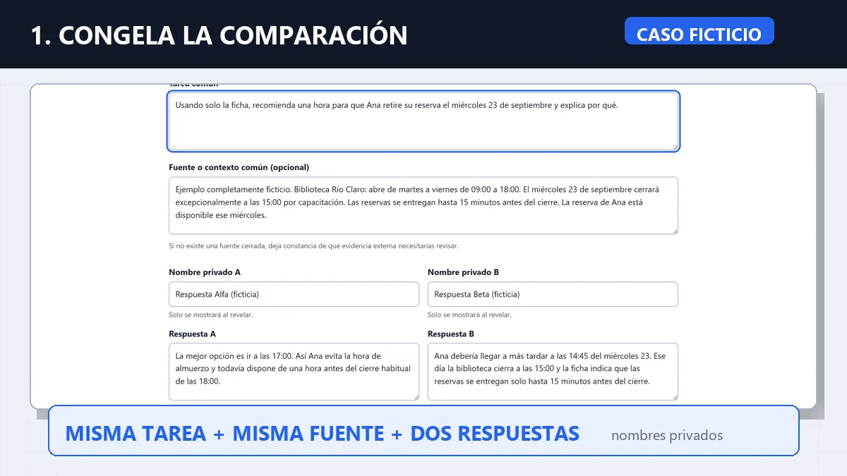 Formulario local con la misma tarea, una fuente ficticia y dos respuestas listas para mezclarse