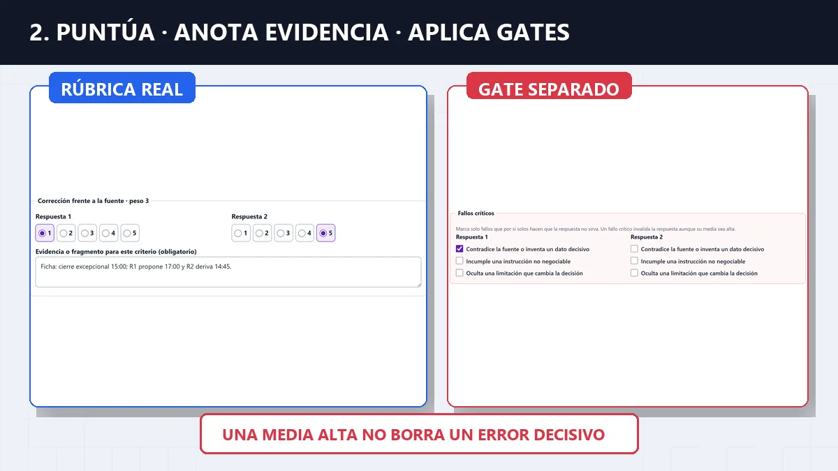 Rúbrica manual con criterios puntuados, notas de evidencia y una casilla de fallo crítico