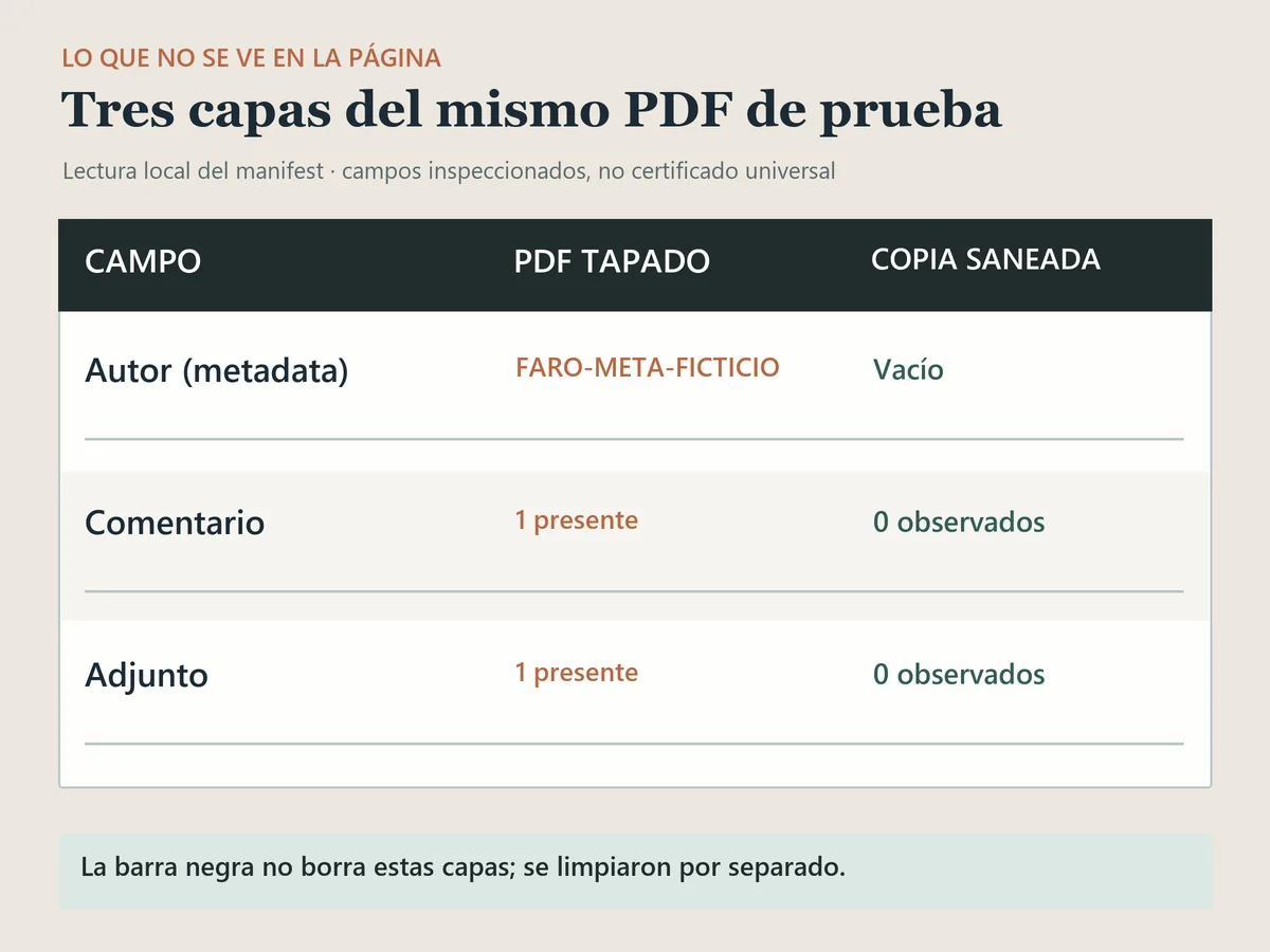 Resultados documentados para texto de página, propiedades, comentarios y adjuntos en las copias ficticias del acta