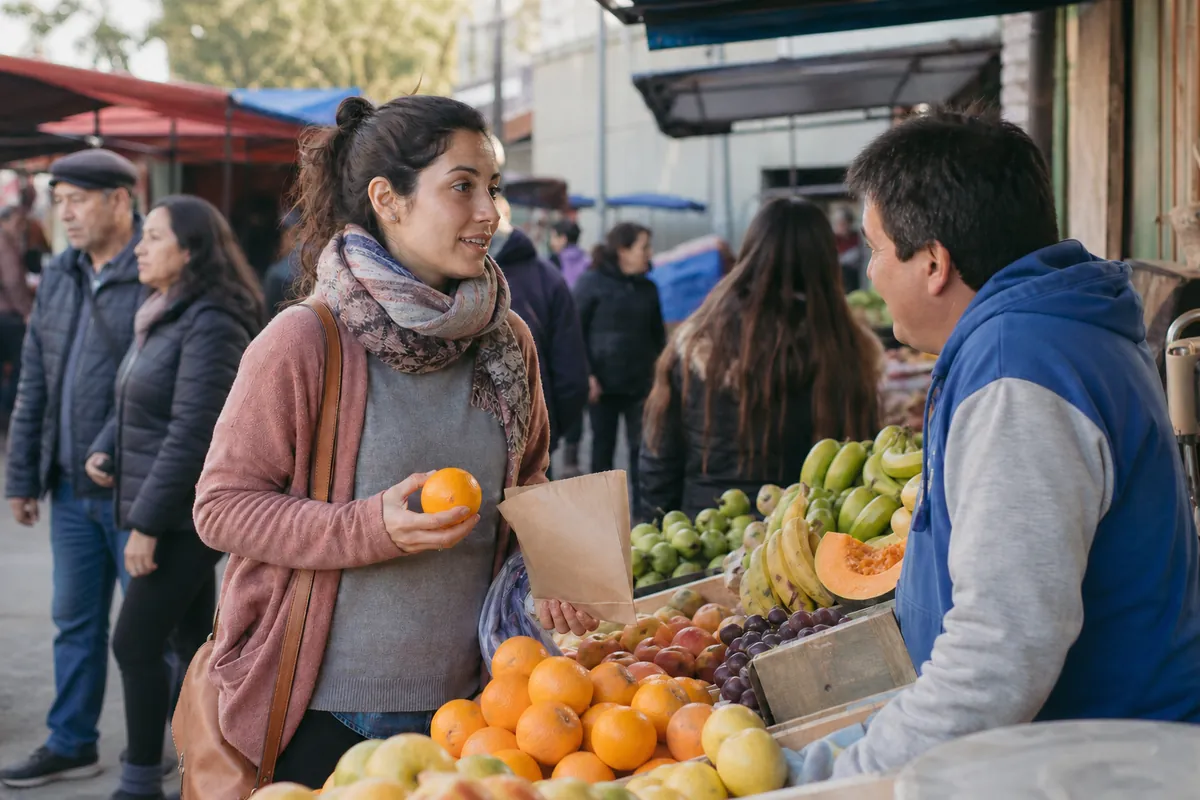 Escena fotorealista de una mujer adulta comprando fruta en un mercado