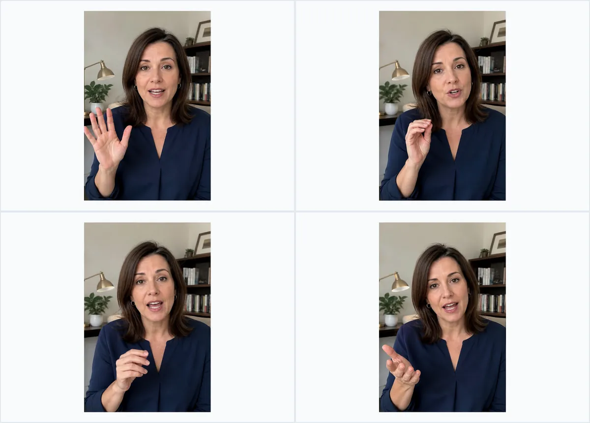 Cuatro fotogramas ilustrativos de una mujer adulta hablando en una oficina
