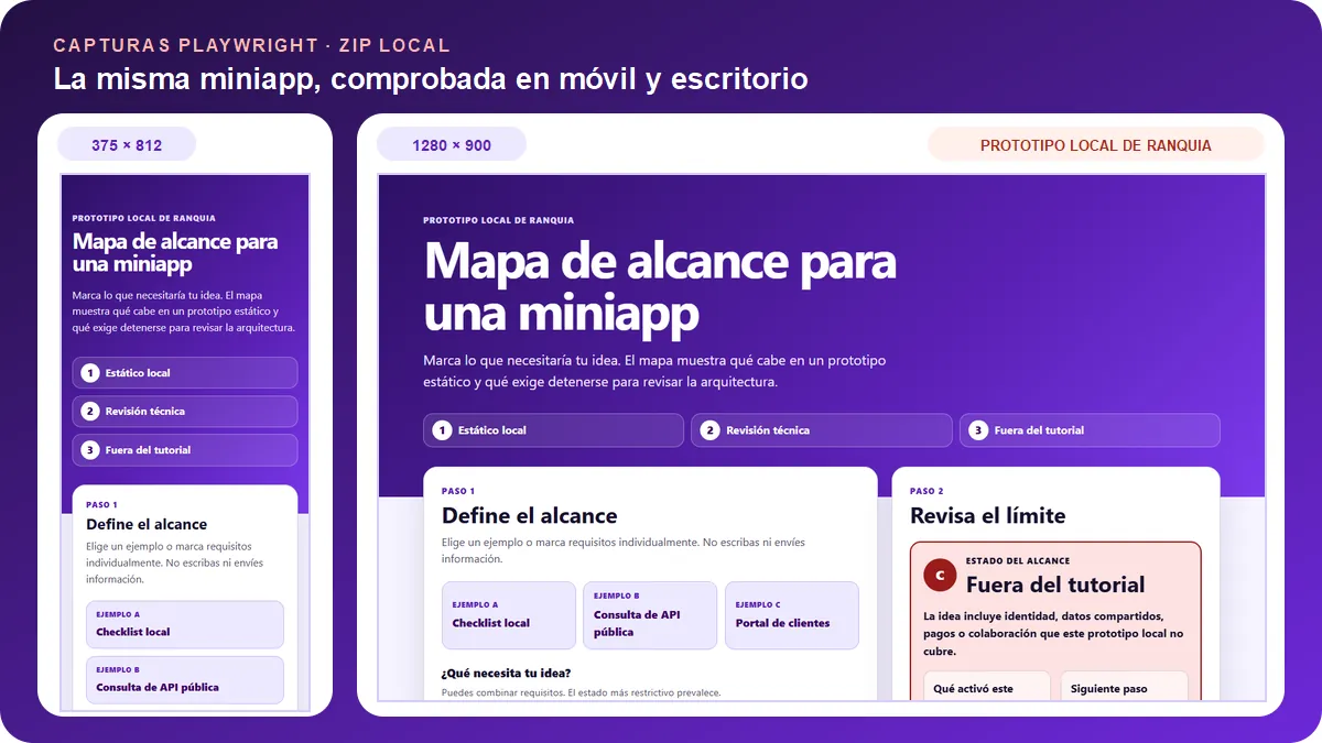 Capturas Playwright reales de la miniapp local Mapa de alcance en 375 y 1280 píxeles